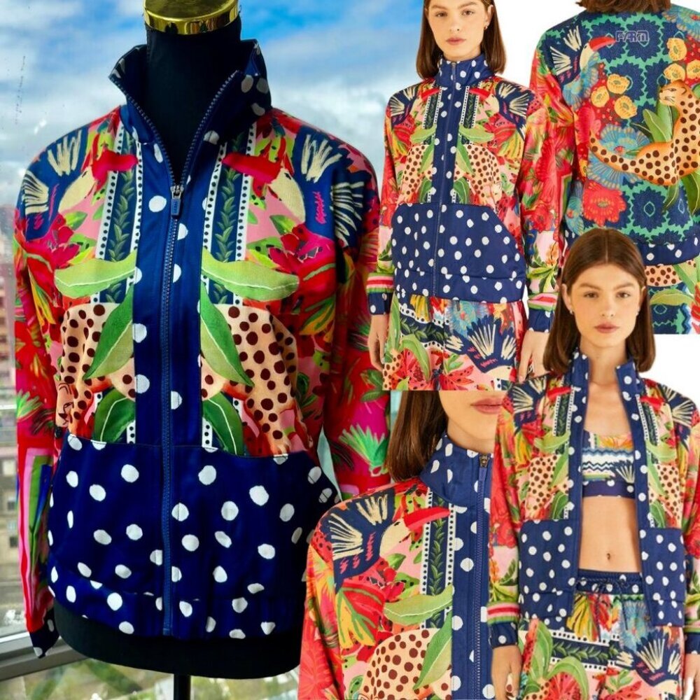 FARM Rio Multicolor Tropical Print Bomber Jacket with Navy Polka Dot Trim